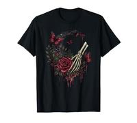 Mano Scheletro Che Tiene Il Fiore Rosa Rossa Luna Maglietta