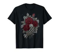 Mano Scheletro Che Tiene Il Fiore Rosa Rossa Maglietta