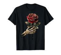 Mano Scheletro Che Tiene Il Fiore Rosa Rossa Maglietta