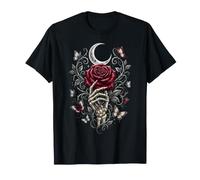 Mano Scheletro Che Tiene Il Fiore Rosa Rossa Maglietta