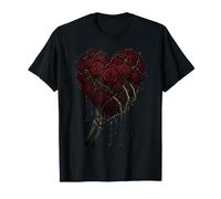 Mano Scheletro Che Tiene Il Fiore Rosa Rossa Maglietta