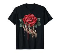 Mano Scheletro Che Tiene Il Fiore Rosa Rossa Maglietta