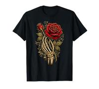 Mano Scheletro Che Tiene Il Fiore Rosa Rossa Maglietta