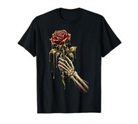 Mano Scheletro Che Tiene Il Fiore Rosa Rossa Maglietta