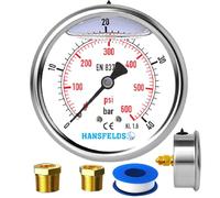 Manometro Hansfelds 0-40 bar/psi, quadrante da 63 mm, attacco posteriore in ottone G1/4" BSP, riempito di liquido (riempito di glicerina), classe di precisione 1.6, incl. 2 riduzioni a 3/8" e 1/2".
