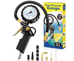 Manometro per Pneumatici 220 PSI Manometro Pressione Gomme Con 4 Tappi Valvola 2