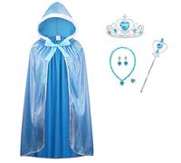 Mantella da principessa con cappuccio per ragazze e personaggi delle fiabe travestimento per adulti per la Giornata mondiale del libro di Halloween, Natale, compleanno, corona e anello (blu, 120 cm)