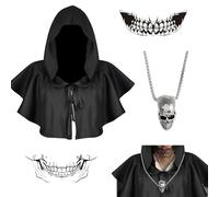Mantella Medievale con Cappuccio, Costume da Strega o Mago per Halloween, Completo con Collana Teschio e Adesivi Teschio, Unisex, 1 Pezzo, Nero