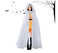 Mantello con cappuccio da strega, con cappuccio per Halloween, costume da fantasma lungo, mantello da mago, costume da esibizione, mantello trasparente in tulle per feste in maschera, giochi di ruolo