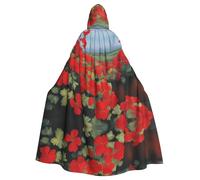 Mantello con cappuccio per adulti di Halloween con stampe di piante in vaso di geranio rosso per feste in maschera ed eventi cosplay