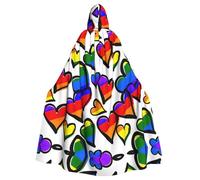 Mantello con cappuccio per vampiro adulto con stampa di cuori colorati arcobaleno gay pride, lunghezza 140 cm, mantello con cappuccio per Halloween giochi di ruolo con cravatta