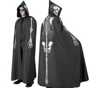 MANTELLO CON CAPPUCCIO SCHELETRO ACCESSORI PER TRAVESTIMENTO CARNEVALE HALLOWEEN