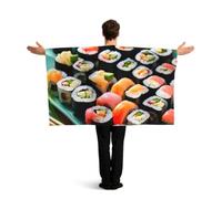 Mantello con stampa sushi e bandiera patriottica, accessorio per costume a tema, ideale per celebrazioni e giochi sportivi.