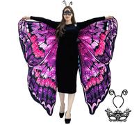 Mantello da donna con stampa fronte/retro con ali di farfalla, costume da adulto con maschera e cerchietto a farfalla, per Halloween, carnevale, cosplay (viola)