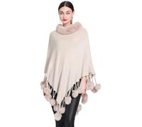 Mantello da donna di media lunghezza, mantello, giacca con collo peloso, poncho, elegante, capispalla invernale, Beige, Taglia unica