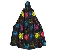 Mantello da mago con cappuccio, unisex, con stampa di un gatto colorato, mantello da vampiro con cappuccio, costume di Halloween, nero