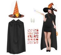 Mantello da Strega Halloween Costume Donna,Mantello da Diavolo con Cappello da Strega Luminoso,10 Tatuaggi Spaventosi e Protesi, Costume da Vampiro Accessori Halloween 140 cm Nero (berretto arancione)