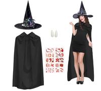 Mantello da Strega Halloween Costume Donna,Mantello da Diavolo con Cappello da Strega Luminoso,10 Tatuaggi Spaventosi e Protesi, Costume da Vampiro Accessori Halloween 140 cm Nero (berretto nero)