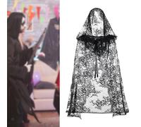 Mantello da strega in pizzo nero gotico con cappuccio per la moda gotica e