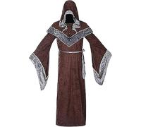 Mantello da stregone da uomo, stile medievale, vintage, rinascimentale, con cappuccio, mantello - Marrone - 3XL (lunghezza 164 cm)