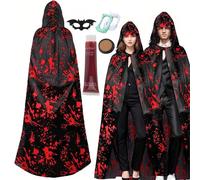 Mantello Halloween, Costume halloween Uomo Donna Mantello Nero con Impronta di Mano Insanguinata Maschera Pipistrello,Sangue Finto, Cera Cicatriziale, denti da vampiro,Vestito Halloween Vampiro (L)