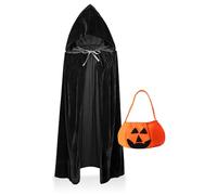 Mantello in Velluto con Cappuccio per Bambini, 90cm Halloween Costume Nero con Sacchetto di Caramelle, Cape Kids per Strega Vampiro Vampire Diabolica Mago Cosplay Party Carnevale Masquerade Festa