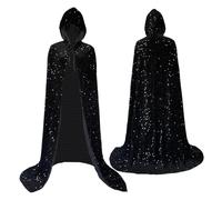Mantello in velluto da mago con cappuccio, per feste, Halloween, cosplay, costume per uomo e donna, 134,6 cm (X paillettes nere)