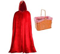 Mantello in velluto rosso con cappuccio e cestino da picnic in plastica con panno a quadretti rossi attaccato, ideale per la settimana del libro, accessorio per costume per la Giornata mondiale del