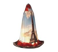 Mantello lungo con cappuccio per adolescenti Torre di Parigi e foglie rosse lunghezza pavimento mantello con cappuccio costume cosplay Halloween