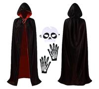 Mantello Nero con Cappuccio Costume Halloween Bambino, Nero Rosso Mantello da Vampiro con Scheletro Guanti e Maschera, Reversibile Mantelli con Cappuccio per Halloween Carnival Cosplay Festa