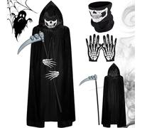 Mantello nero per Halloween,Costume da Tristo Mietitore Bambino,Mantello Nero con Cappuccio Maschera, Guanti, Falce, Costume Morte Bambino Halloween Costume Adulto per Halloween, carnevale cosplay