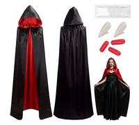 Mantello Vampiro Nero Rosso, 150 CM Halloween Cape à Capuche Adulte Unisexe, Costume da Vampiro di Halloween Reversibile con Zanne e Sangue Finto, Mantello di Dracula per Halloween Cosplay
