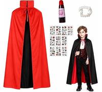 Mantello Vampiro Nero Rosso, 90 CM Costume da Vampiro di Halloween, Vampire Cape per Bambini con Zanne Sangue Finto e Adesivi per il Viso, Mantello da Dracula per Halloween Cosplay Costume