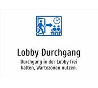 Mantenere il passaggio della lobby libero nella hall, utilizzare le zone d'attesa. Targhetta in alluminio A5: 210 x 148 mm, con grafica e testo
