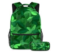 Mantieni i tuoi oggetti essenziali in posizione con questo comodo set di 2 zaini per studenti, motivo foglie verdi, Multicolore, B：29.4x20x40cm P：19x7.5x3.8cm, Zaini Daypack