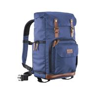 Mantona Luis Retro Zaino fotografico blu, per fotocamera con copertura antipioggia, borsa fotografica con scomparto per laptop, DSLR, 3 obiettivi e accessori fotografici