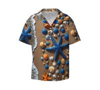 Many Shells and Waves - Camicia a maniche corte da uomo, casual, con bottoni, per vacanze, spiaggia, Nero, L