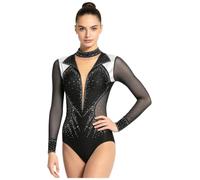 Manyakai Costume Ginnastica Dame Maniche Lunghe Con Strass E Glitter Con Colletto Mandrino Costume Ballo Alla Schiena Nuda Salopette Danza Jumpsuit Corto E Ginnastica Con Nero M