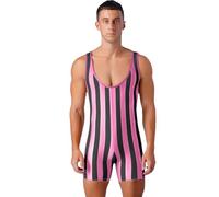 Manyakai Costume Maschile Muscolare Uomo Bodysuit Strisce Camicia Sottana Senza Maniche Camicia Sotto Le Spalle Leotard Unito Indumenti Intime Sportive Costumes Rosa scuro L