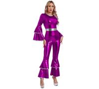 Manyakai Donne Travestimento Discoteca Anni 70 80 Metallico Combinazione Pantaloni Ha Gambe Elefante Abito Halloween Festa Carnevale S-3xl Viola L