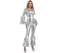 Manyakai Donne Travestimento Discoteca Anni 70 80 Metallico Combinazione Pantaloni Ha Gambe Elefante Abito Halloween Festa Carnevale S-3xl Argento L