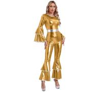 Manyakai Donne Travestimento Discoteca Anni 70 80 Metallico Combinazione Pantaloni Ha Gambe Elefante Abito Halloween Festa Carnevale S-3xl Oro L