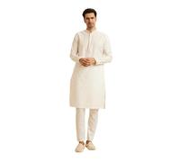 Manyavar Set pigiama da uomo in seta con colletto alla coreana e Kurta (2 pezzi), bianco, Medium