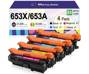 ManyJets Set di 4 cartucce toner 653X 653A, ad alta resa, compatibili per stampanti 653X, CF320X, CF321A, CF322A, 653A, ricambio per stampanti HP Color LaserJet Enterprise Flow MFP M680z M680dn M680f