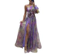 MANYMANY Donne Impero Vita Fiore Fessura Tulle Abiti da Ballo 2024 Una Spalla Manica Lunga Stampa Floreale Abiti da Festa di Sera per Donna