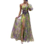 MANYMANY Donne Impero Vita Fiore Fessura Tulle Abiti da Ballo 2024 Una Spalla Manica Lunga Stampa Floreale Abiti da Festa di Sera per Donna