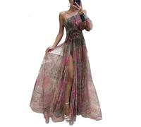 MANYMANY Donne Impero Vita Fiore Fessura Tulle Abiti da Ballo 2024 Una Spalla Manica Lunga Stampa Floreale Abiti da Festa di Sera per Donna