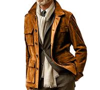 MANYMANY Giacca in Pelle Scamosciata Marrone da Uomo Vintage Slim Fit con Tasche Multiple e Bottoni