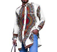 MANYMANY Shirt Africano da Uomo Shirt Lungo la Tradizionale Pattern Dashiki Camicia Tribale di Nonno Tunica Tunica