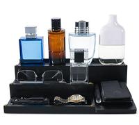 Manzano Essentials Organizer in legno per colonia da uomo, in bambù, a 4 ripiani, con 2 scomparti nascosti, porta profumi, organizer per comò, vassoio per cameriere, organizer EDC, nero
